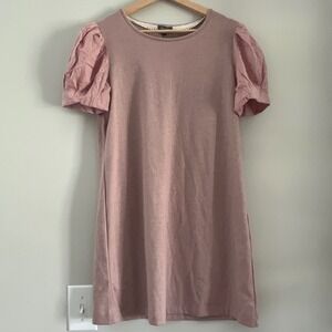 Lily Rose Juniors L Solid Soft Pink Puffed Embroidered Floral Sleeve Shift Dress